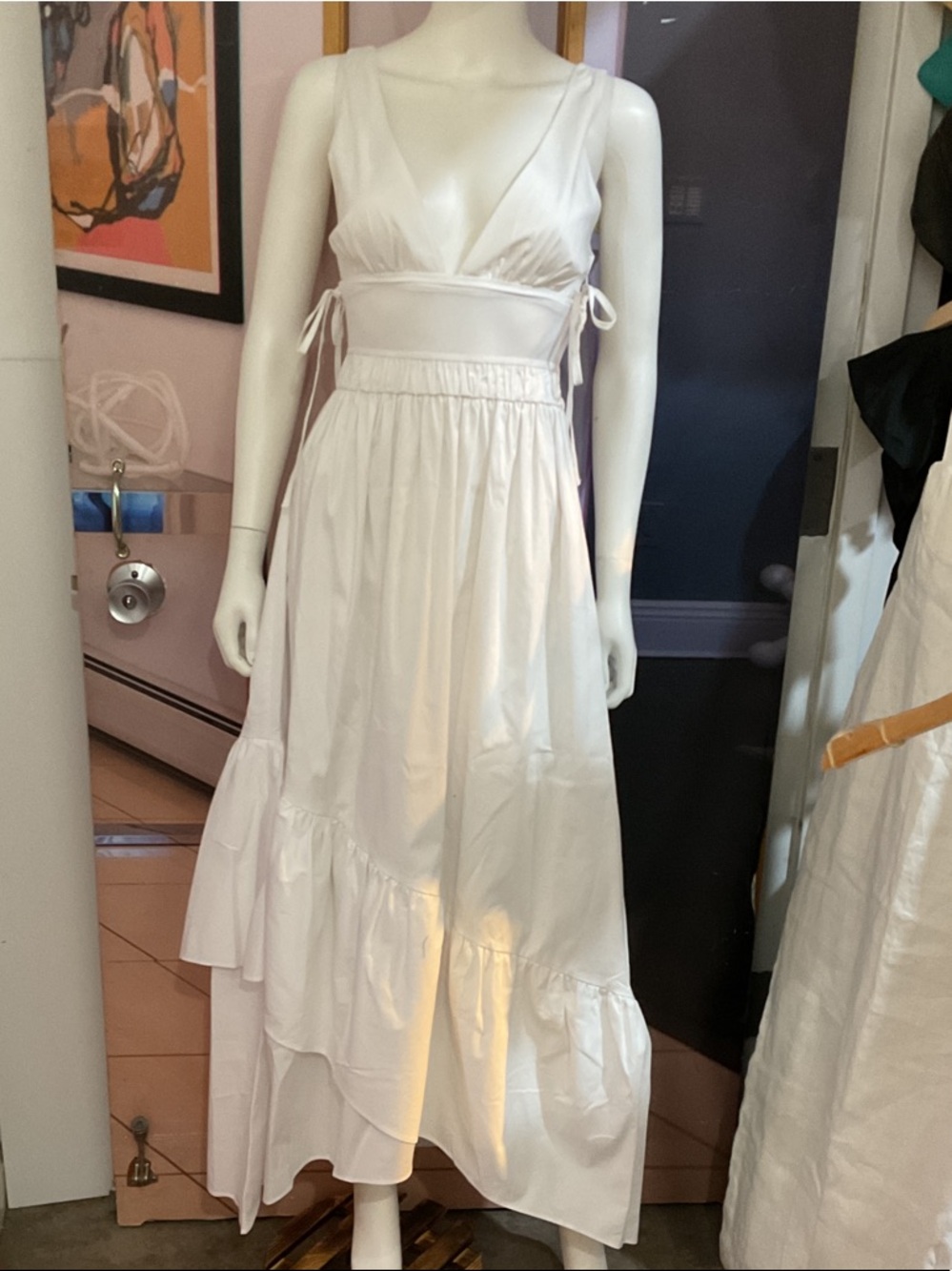 Ramy Brook White V-Neck Maxi Dress with Tie Detail